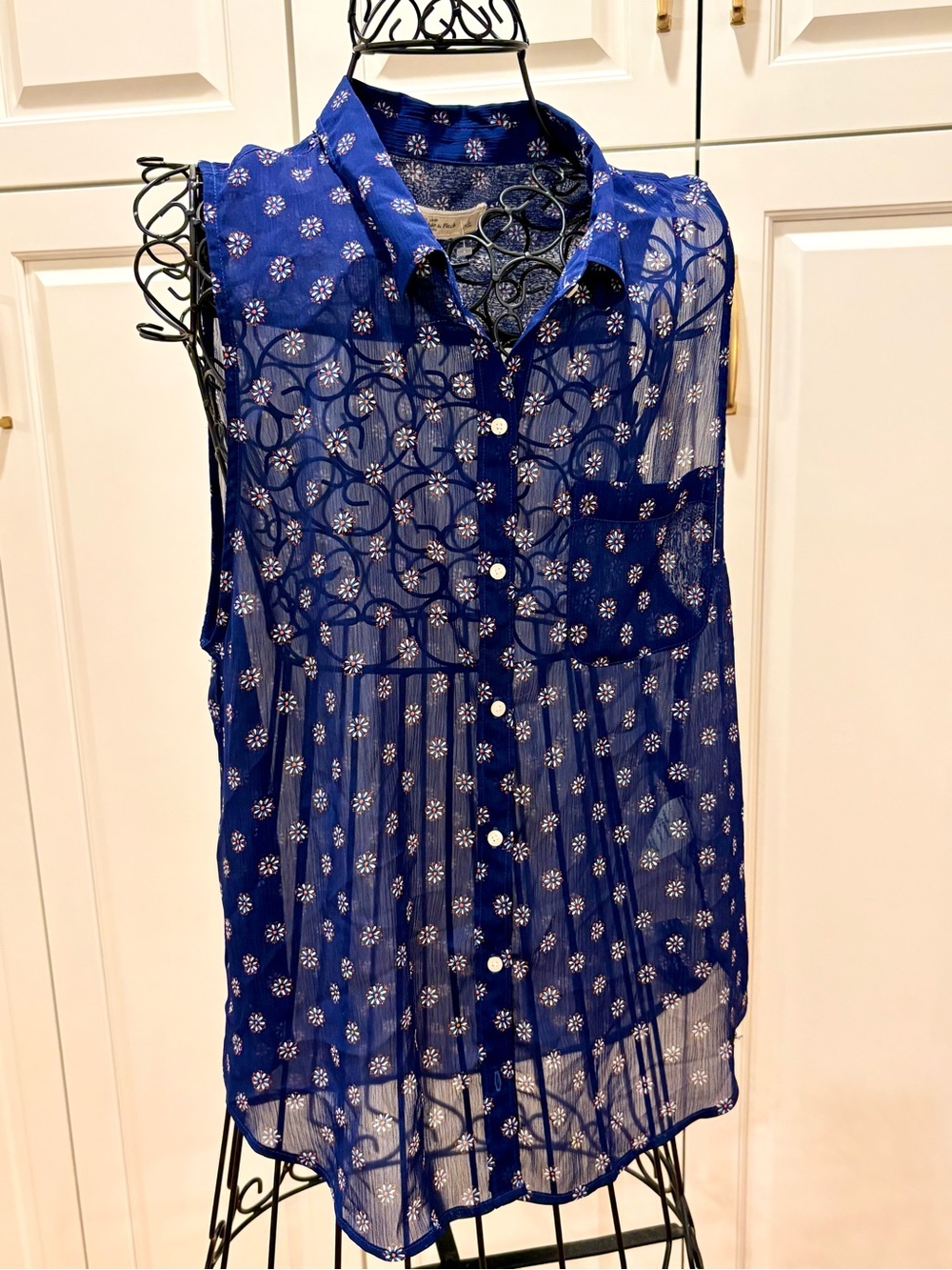 Abercrombie Blue Sleeveless Sheer Button-Front Shirt -